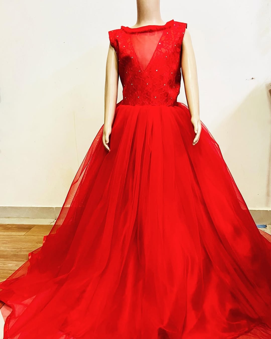 Red Gown In Lace And Net For Themed Birthdays